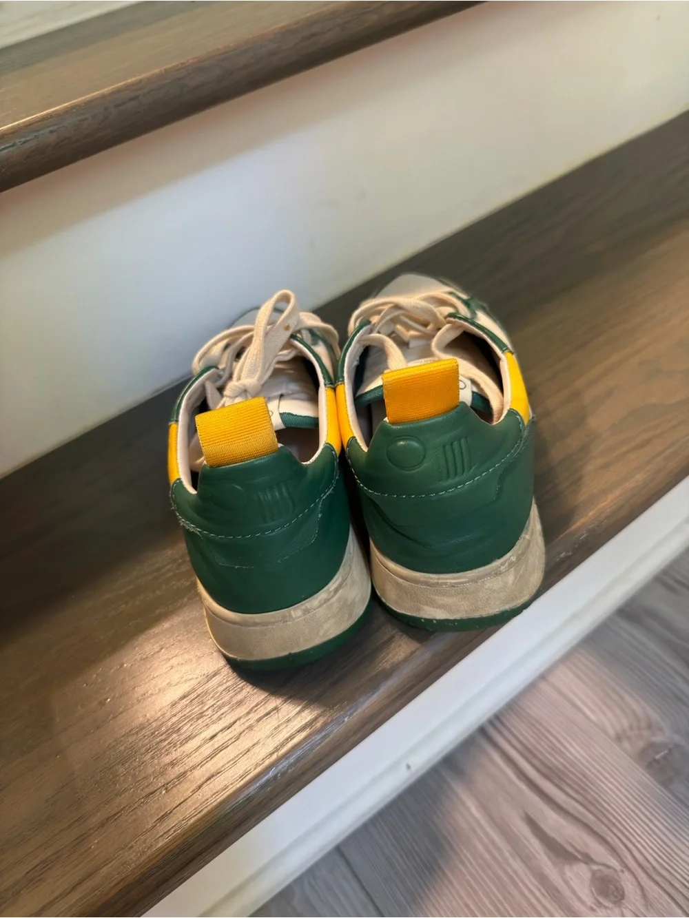 Casual Green & White leather Low-Top Sneakers with Yellow Heel Tab